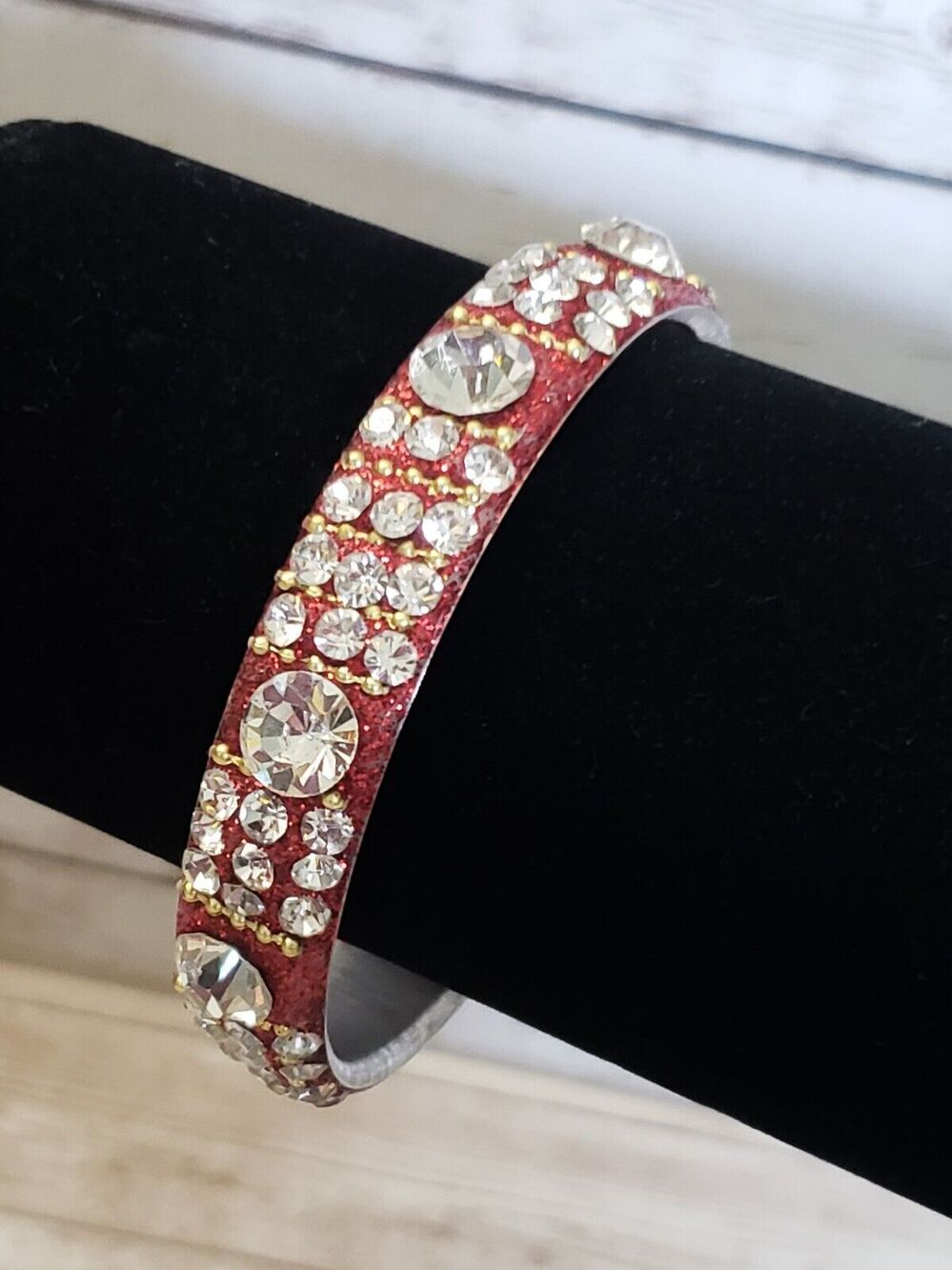 Vintage Bracelet / Bangle Red Glitter & Clear Gem 7.5"
